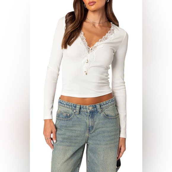 Edikted Tops - Edikted White Lace Trim Long-sleeve Top - Madeline Lace Trim Rib Long Sleeve